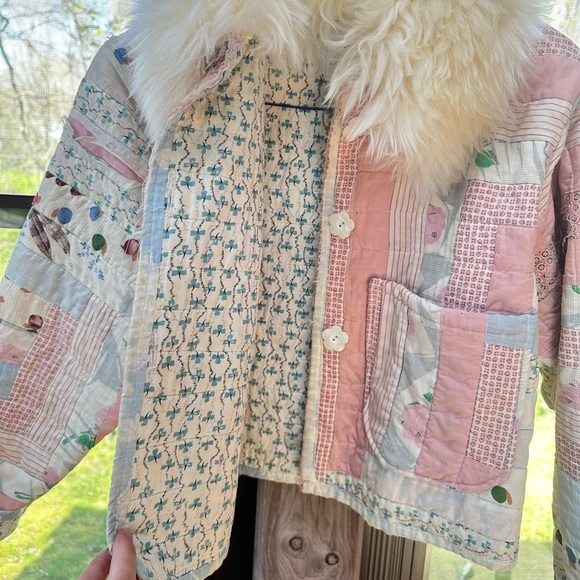 Vintage Patchwork Quilt Coat with Sheepskin Collar - Picture 5 of 6